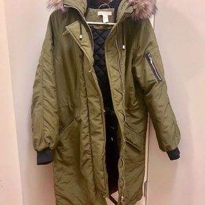 H&M Army Green Padded Parka with a faux fur hood